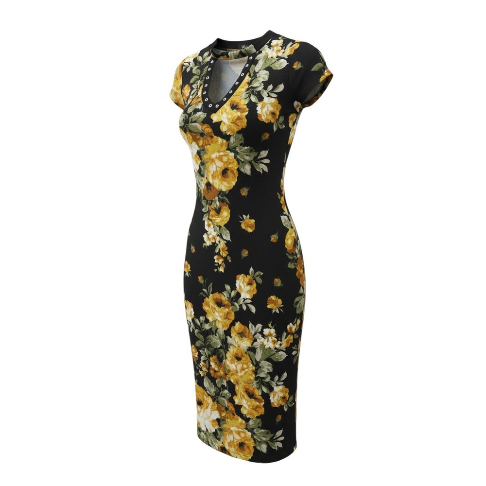 Vibe Sportswear Bodycon Dress Womens Medium Black Yellow Floral Grommet Choker